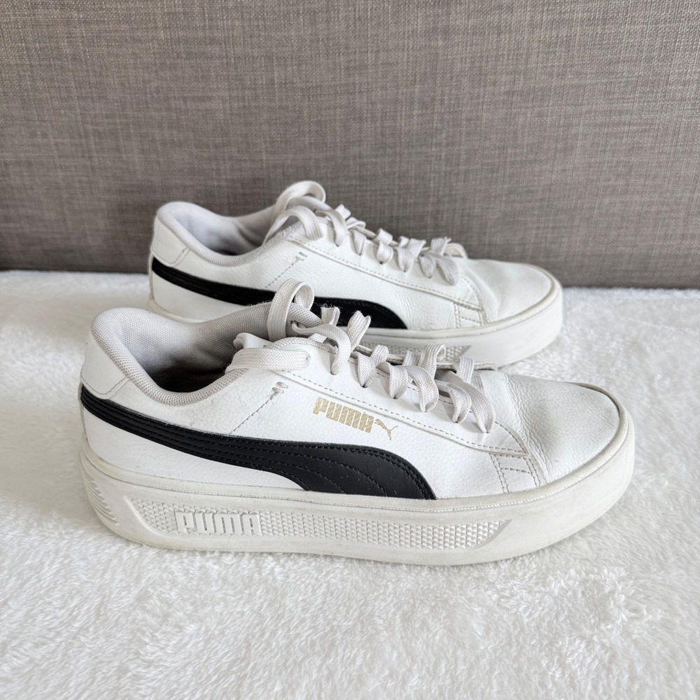 Puma Carina Platform Sneakers White Black Leather Womens Size 9 Lace Up - Picture 4 of 9